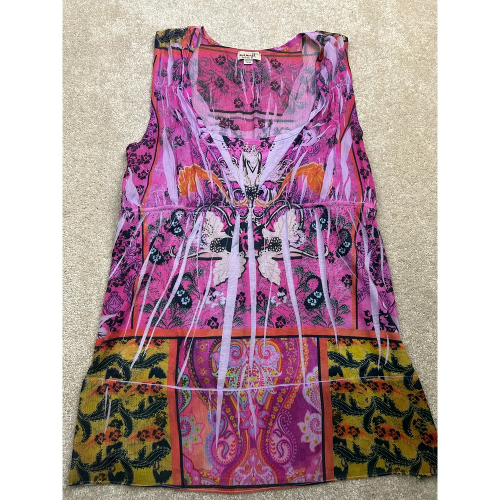 One World Paisley Mixed Print Tunic L Pink Sleeveless Empire Waist Boho Festival